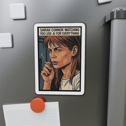 Sarah Connor die-cut magnet featuring her watching over with a cyberpunk retro design, perfect for home decor.