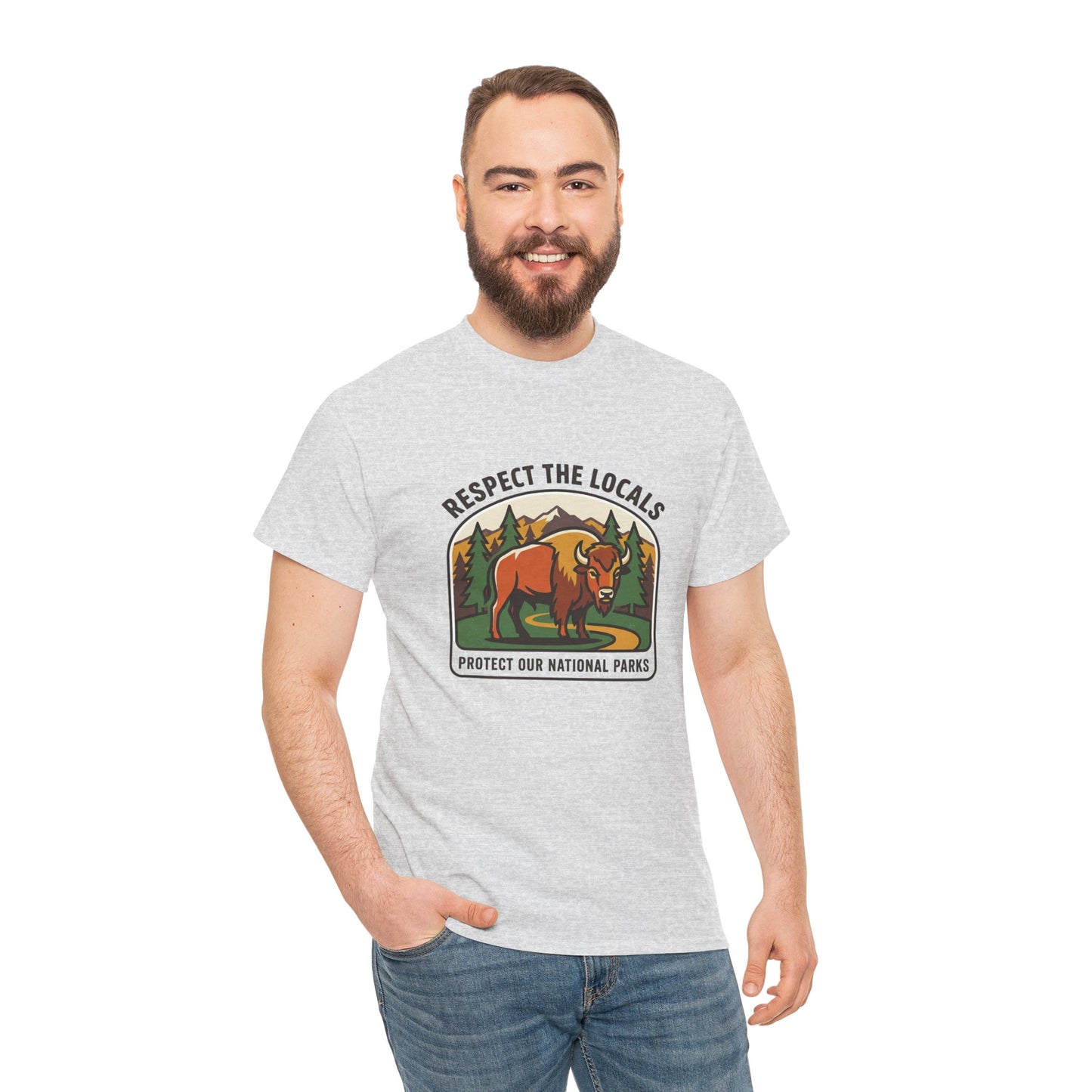 Respect the Locals Bison Patch T-Shirt featuring a bison graphic, ideal for hiking and camping enthusiasts.