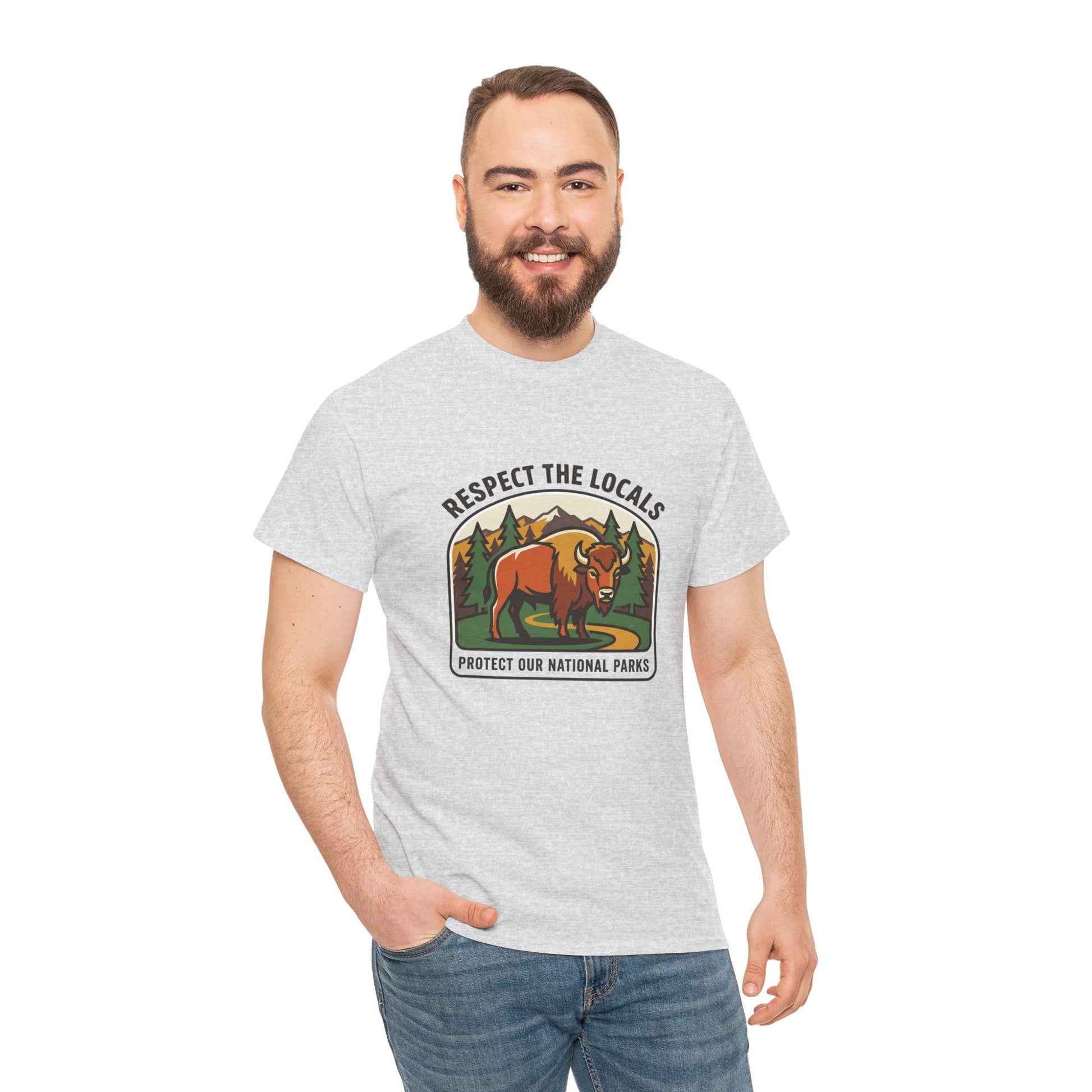 Respect the Locals Bison Patch T-Shirt featuring a bison graphic, ideal for hiking and camping enthusiasts.
