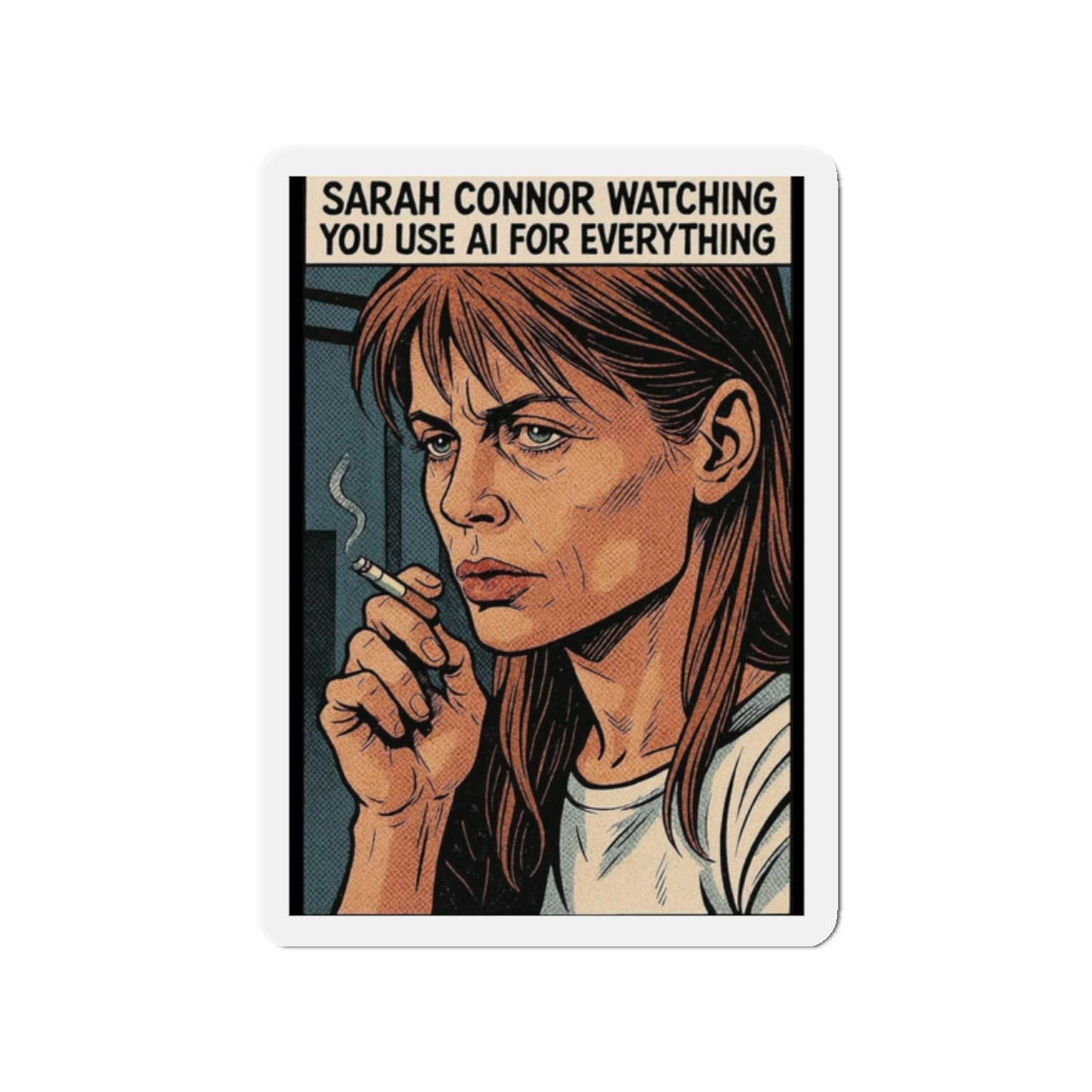 Sarah Connor AI die-cut magnet featuring cyberpunk retro design, ideal for home decor, from Printify.