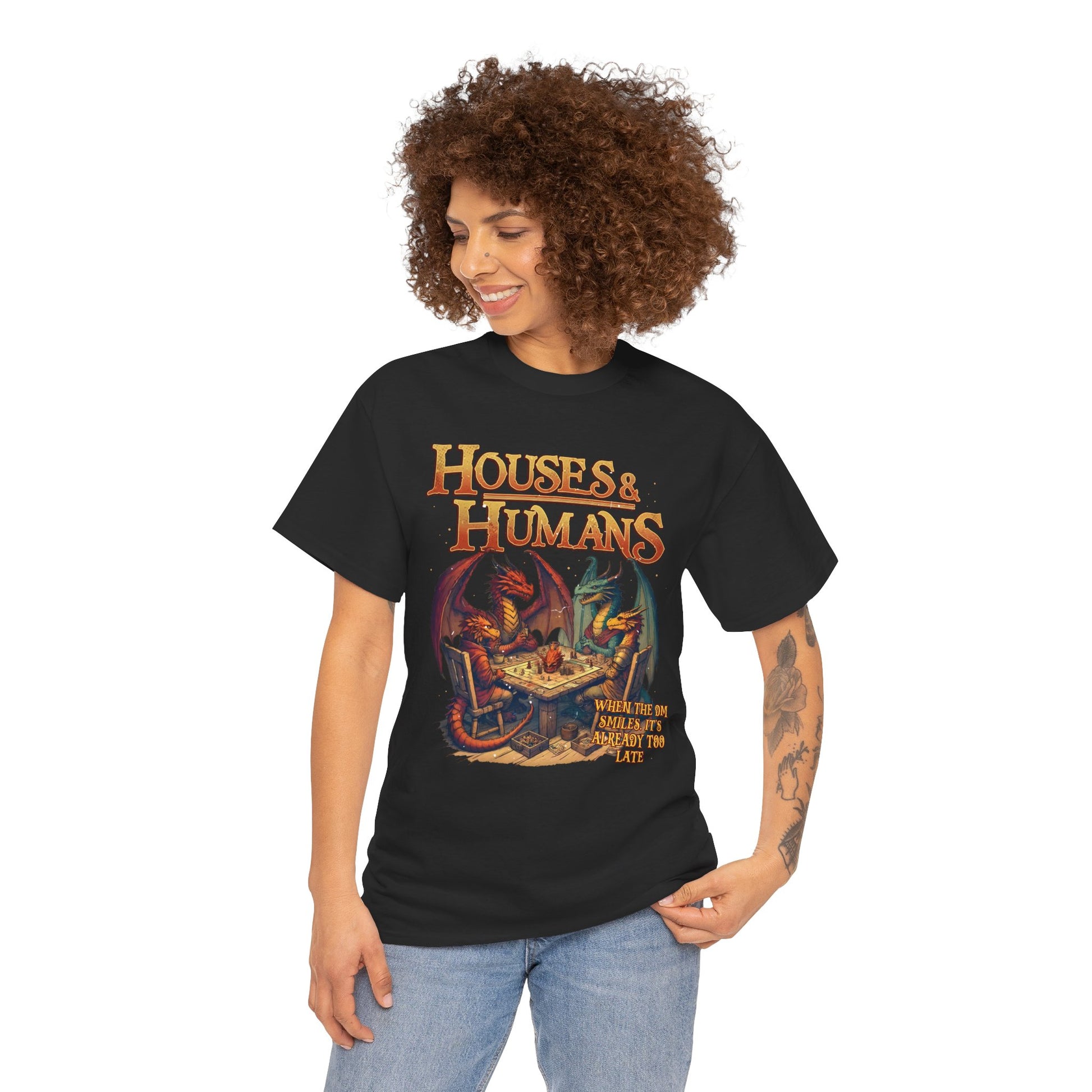 Houses and Humans Role-Playing Tee by Printify, a graphic T-shirt featuring fantasy-themed house and human illustrations for RPG fans.