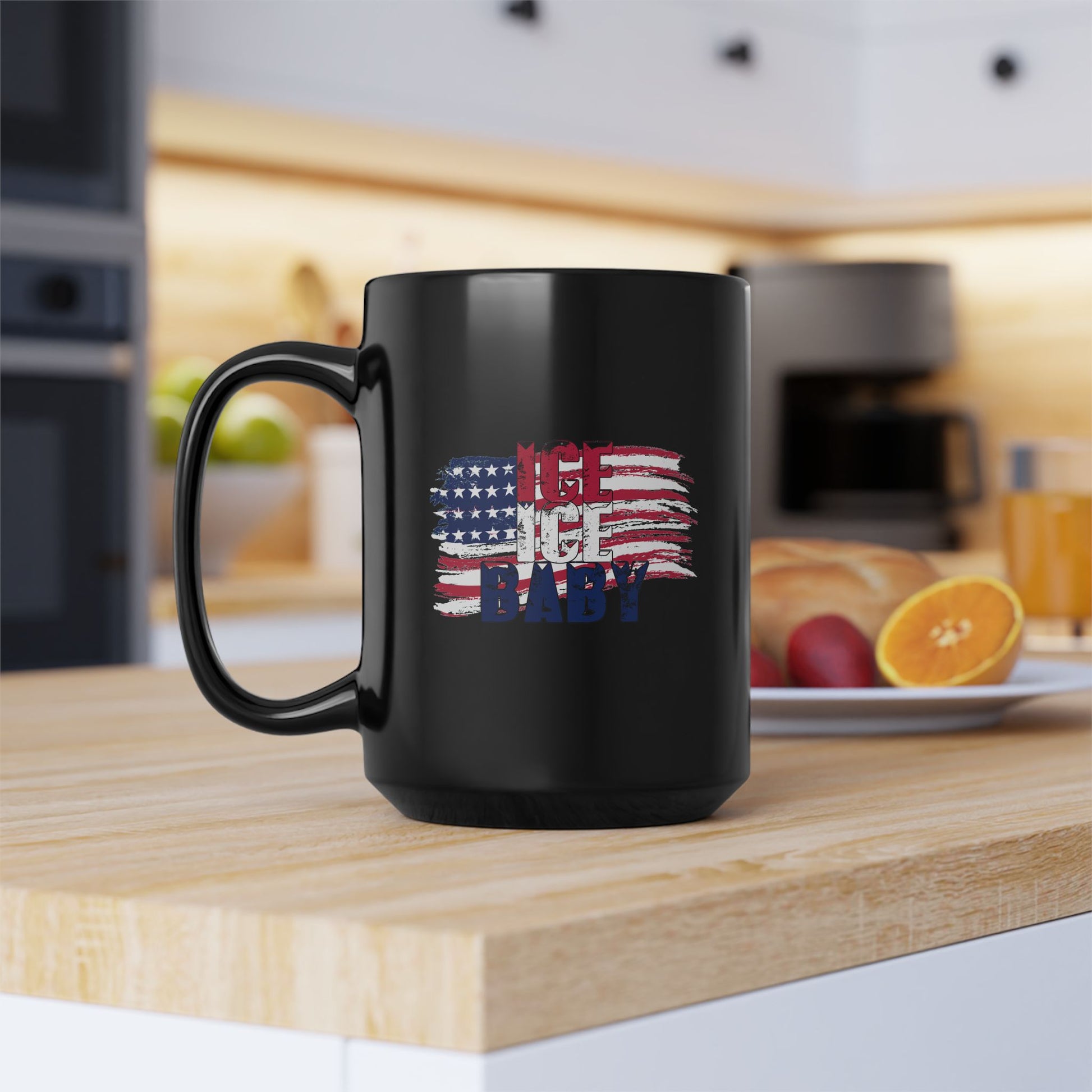 Patriotic Mug Black 15oz Ceramic, Ice Ice Baby American Flag, America First, Red White and Blue, USA - Secondhand Readers