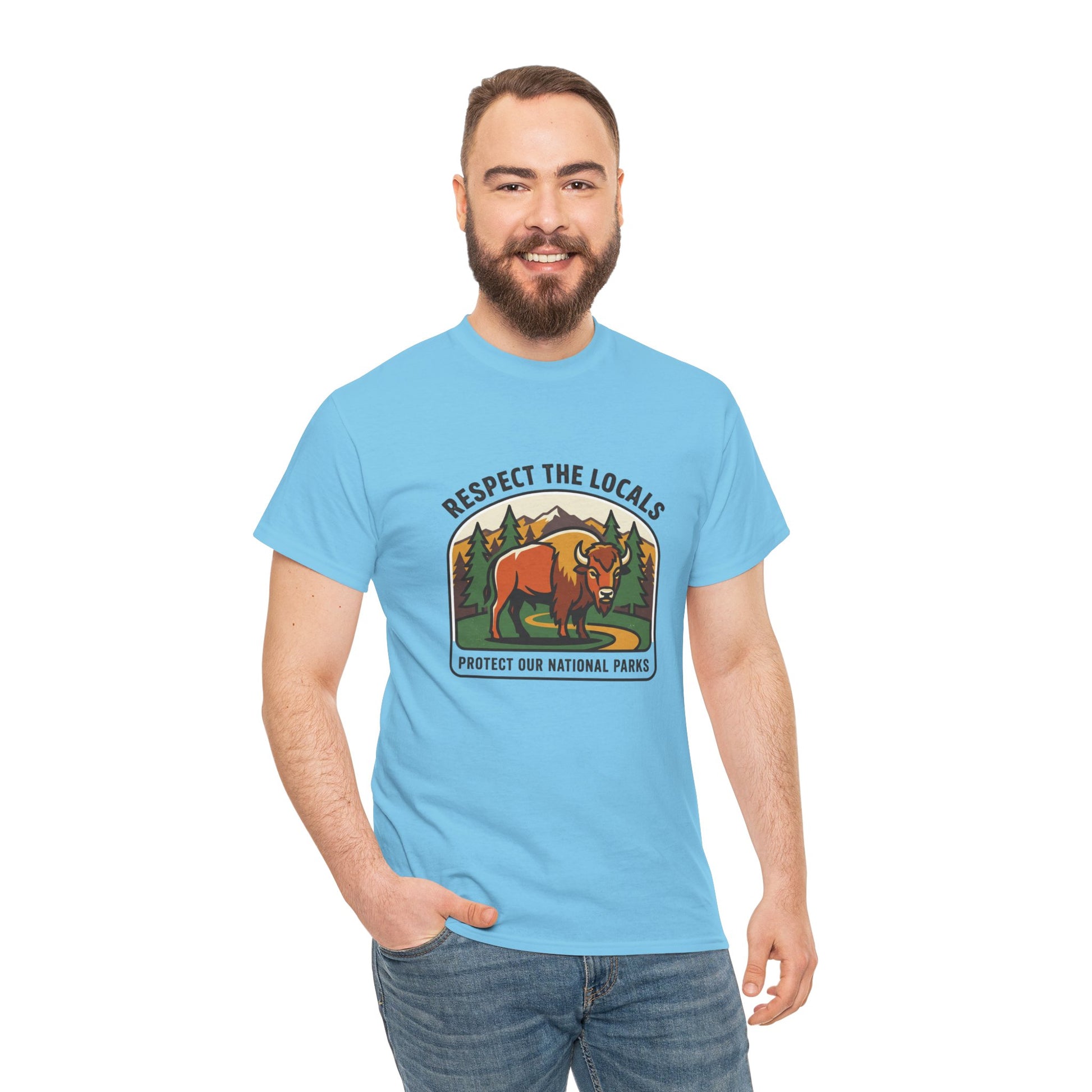 Respect the Locals Bison Patch T-Shirt featuring a bison graphic, perfect for hiking, camping, and protecting national parks.