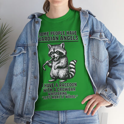 Raccoon with crowbar graphic T-shirt featuring the quote "Some People Have Guardian Angels" in black and white print.