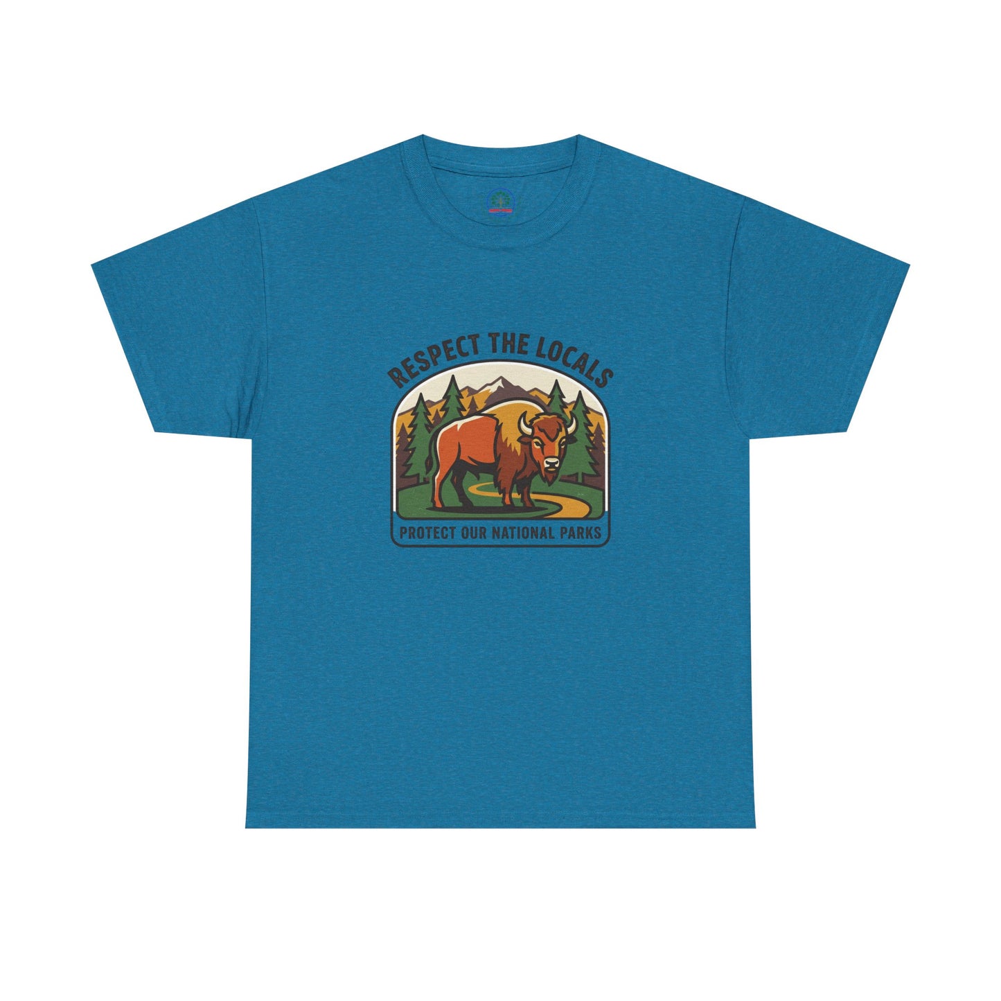 Respect the Locals Bison Patch T-Shirt featuring a bison graphic, ideal for national park hiking and camping souvenirs.