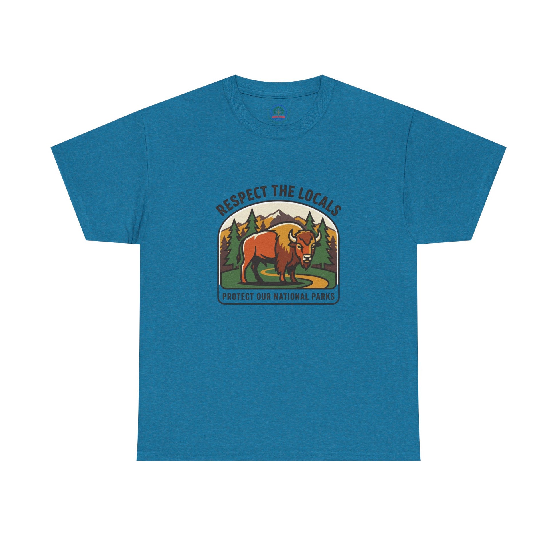 Respect the Locals Bison Patch T-Shirt featuring a bison graphic, ideal for national park hiking and camping souvenirs.
