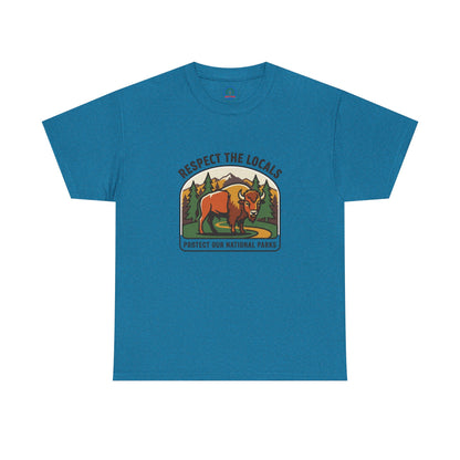 Respect the Locals Bison Patch T-Shirt featuring a bison graphic, ideal for national park hiking and camping souvenirs.