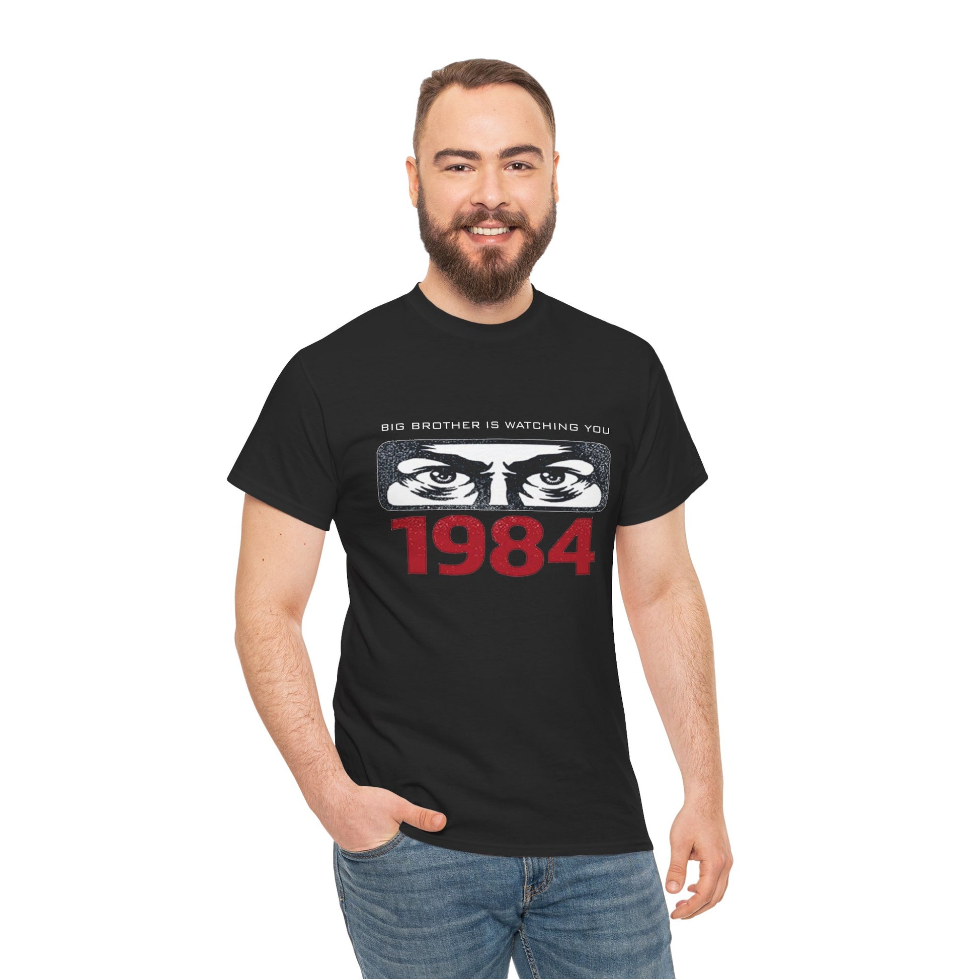 Gray Big Brother Is Watching You 1984 T-Shirt featuring George Orwell dystopian and political protest design, made by Printify.