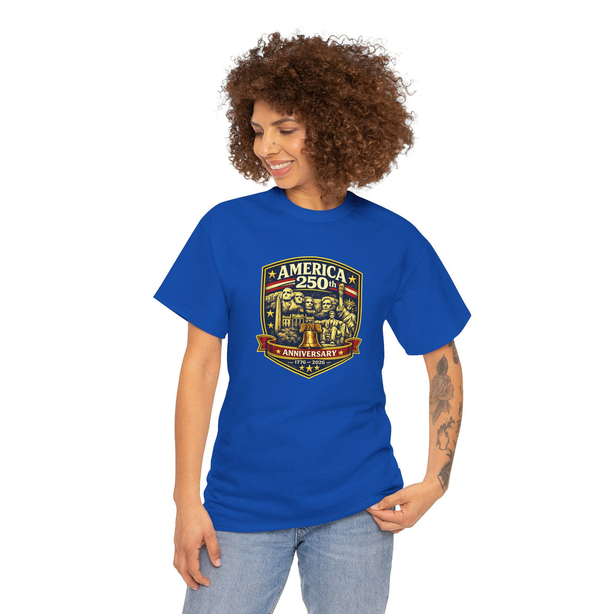 America 250th Anniversary patriotic T-shirt featuring a badge design, casual USA-themed apparel by Printify.