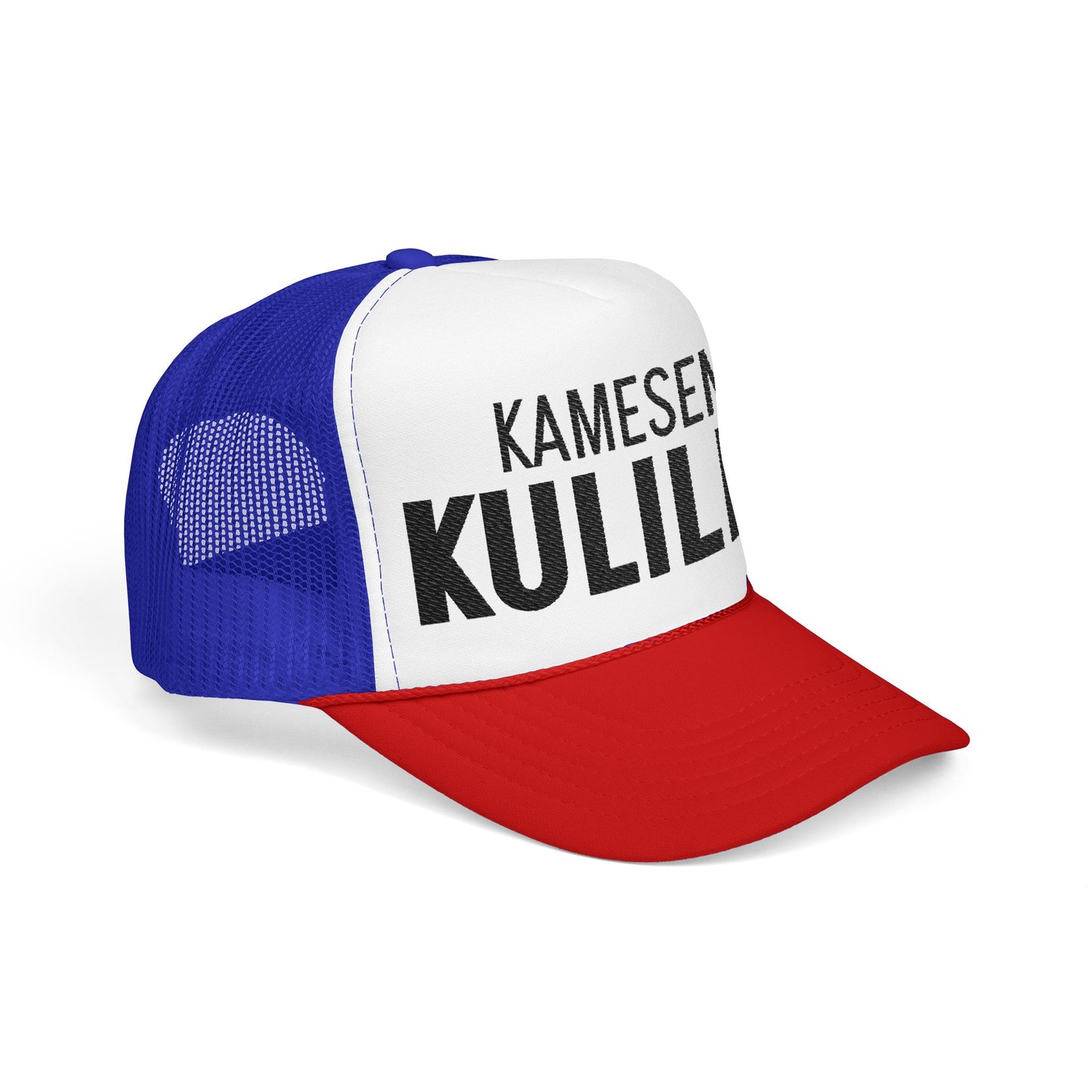 Kamesen Kulilin embroidered Krillin cosplay trucker hat featuring anime manga design with adjustable mesh back and front logo patch.
