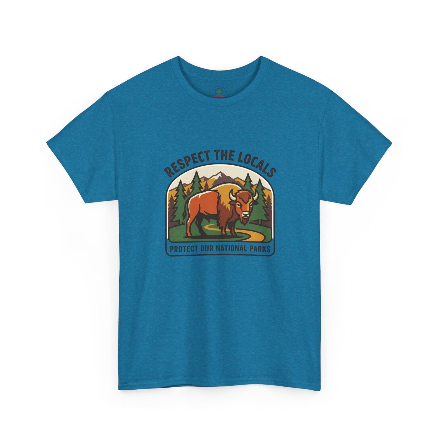 Respect the Locals Bison Patch T-Shirt featuring a bison patch design for national parks hiking and camping souvenirs.