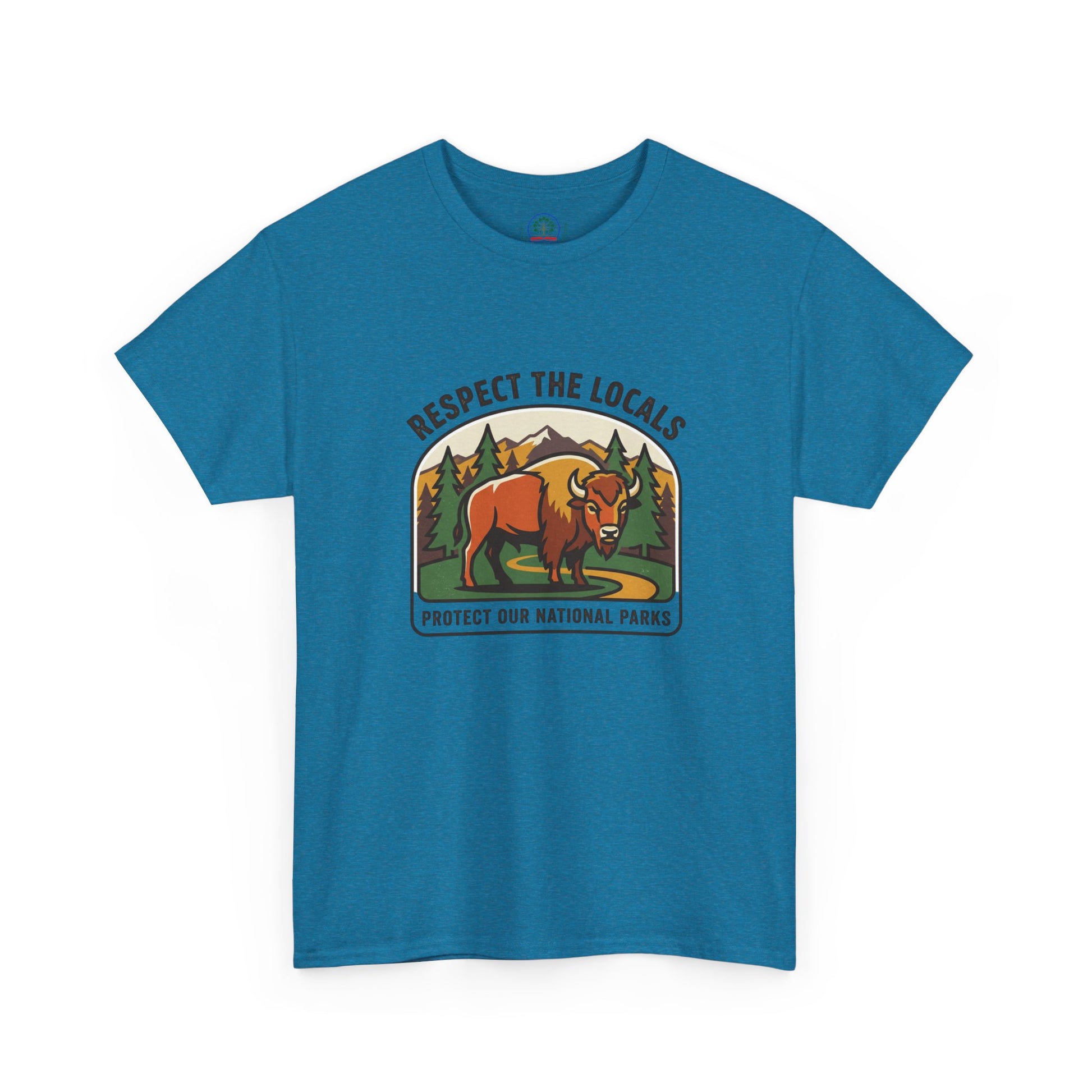 Respect the Locals Bison Patch T-Shirt featuring a bison patch design for national parks hiking and camping souvenirs.