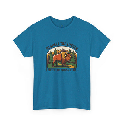 Respect the Locals Bison Patch T-Shirt featuring a bison patch design for national parks hiking and camping souvenirs.