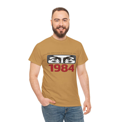 Gray Big Brother Is Watching You 1984 T-Shirt by Printify featuring Orwellian dystopian design and political protest imagery.
