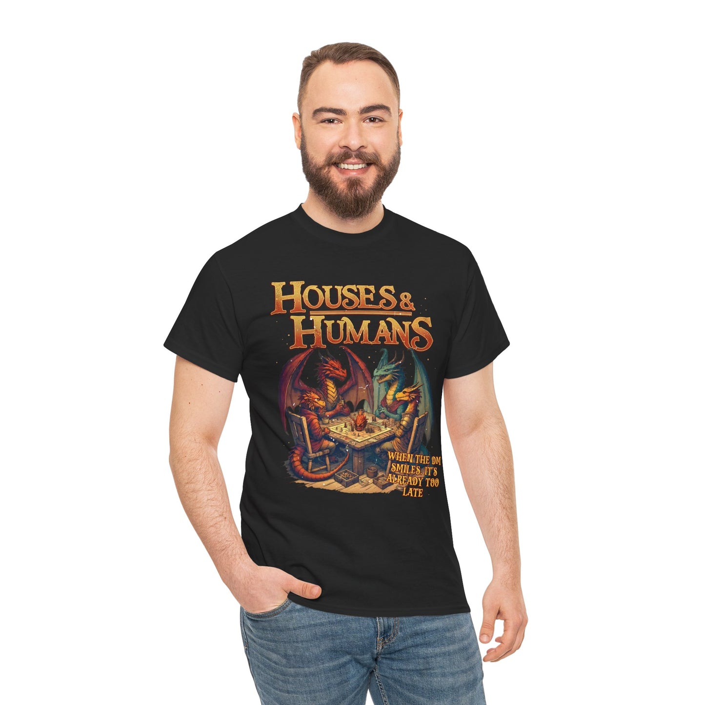 Gray T-shirt featuring houses and humans graphic, perfect for RPG and MTG fans, with a role-playing game theme.