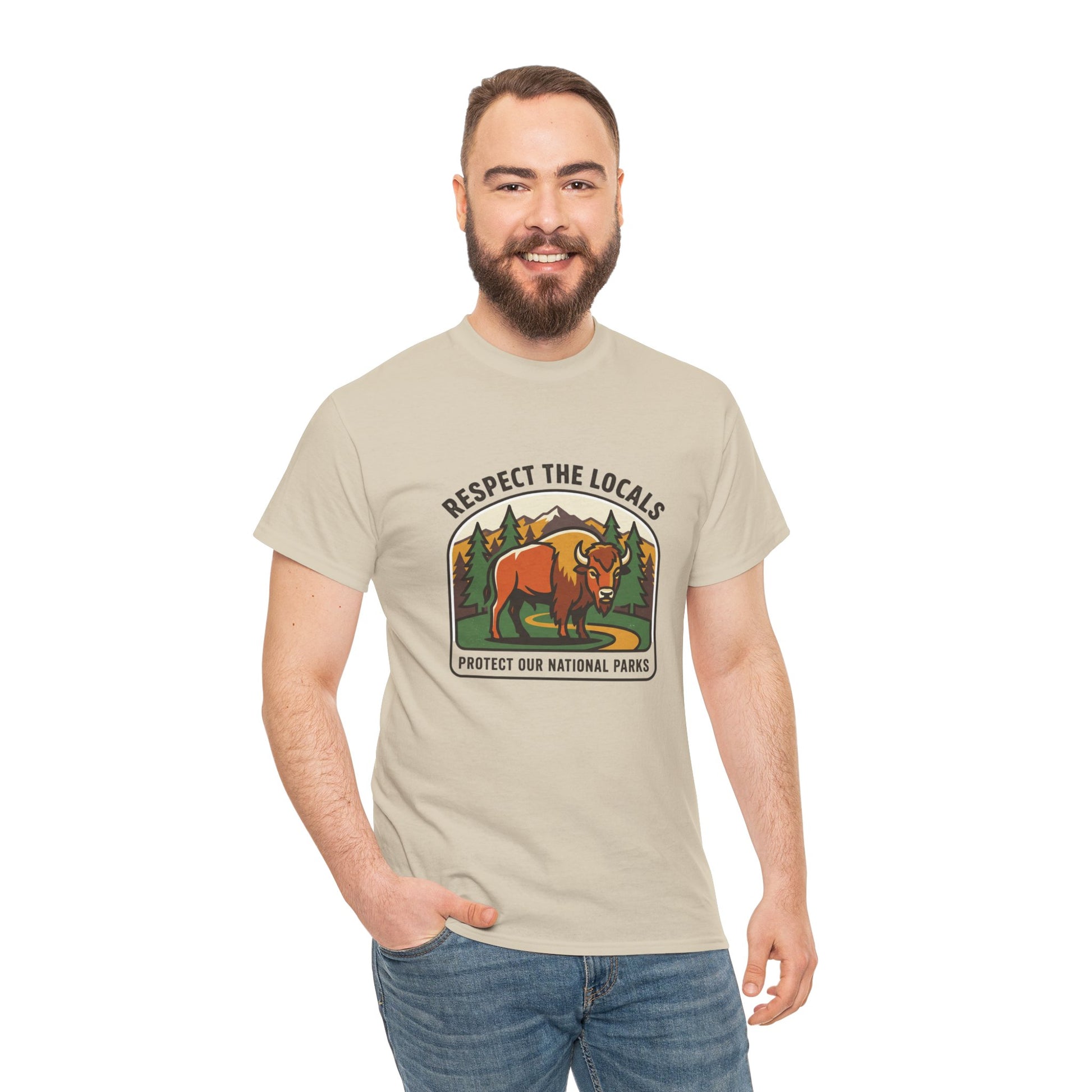 Respect the Locals Bison Patch T-Shirt featuring a bison graphic, ideal for hiking, camping, and outdoor national park adventures.