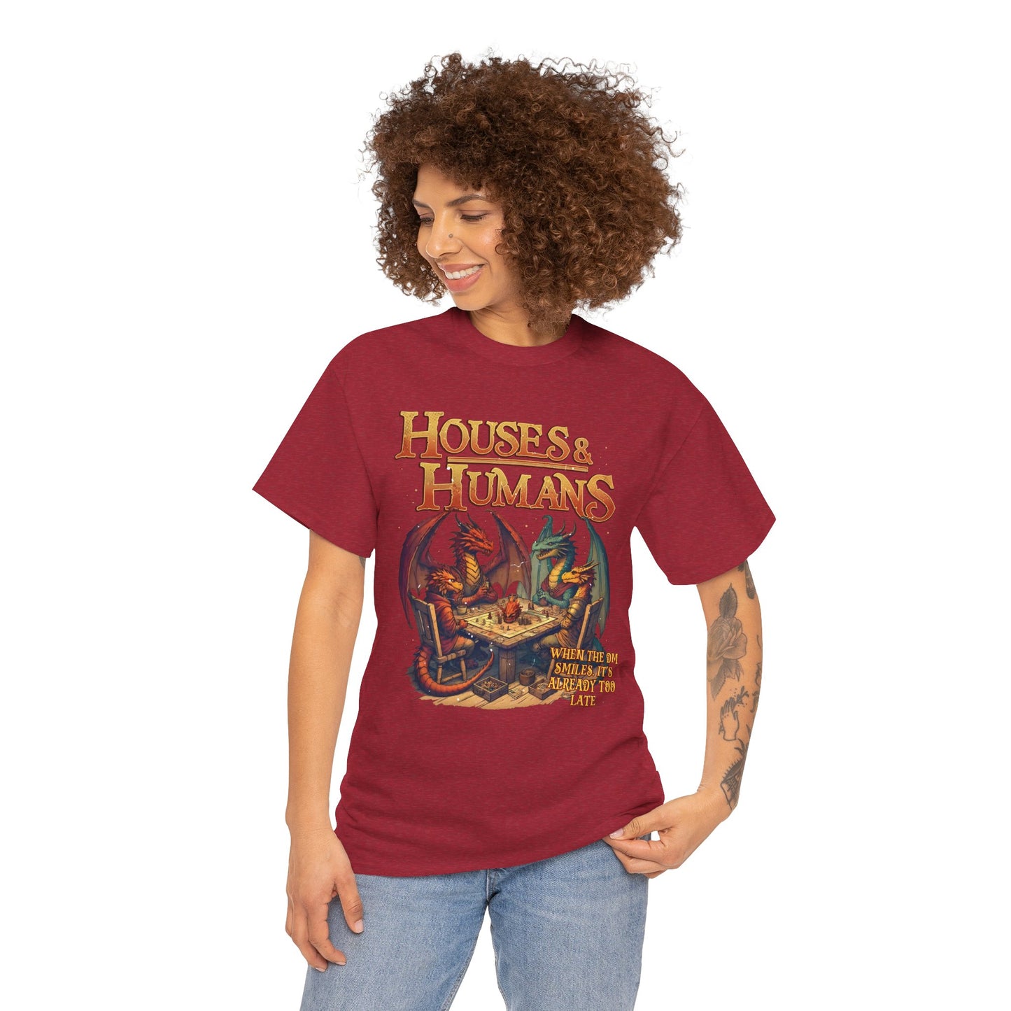 Houses and Humans Role-Playing Tee by Printify, a graphic T-shirt featuring houses and humans for RPG gaming fans.