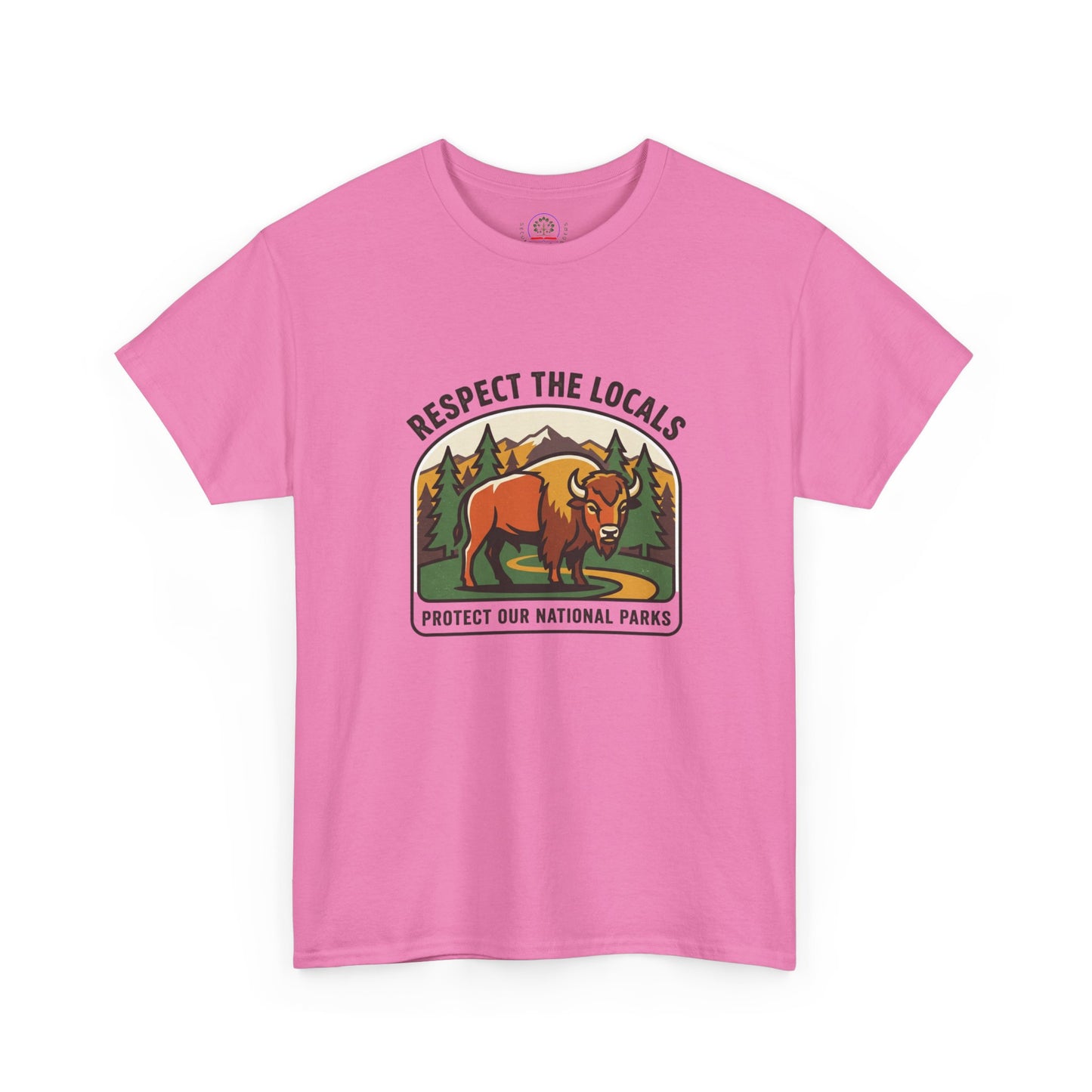 Respect the Locals Bison patch T-shirt from Printify featuring a wildlife graphic, perfect for hiking and outdoor enthusiasts.