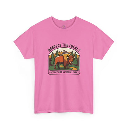 Respect the Locals Bison patch T-shirt from Printify featuring a wildlife graphic, perfect for hiking and outdoor enthusiasts.