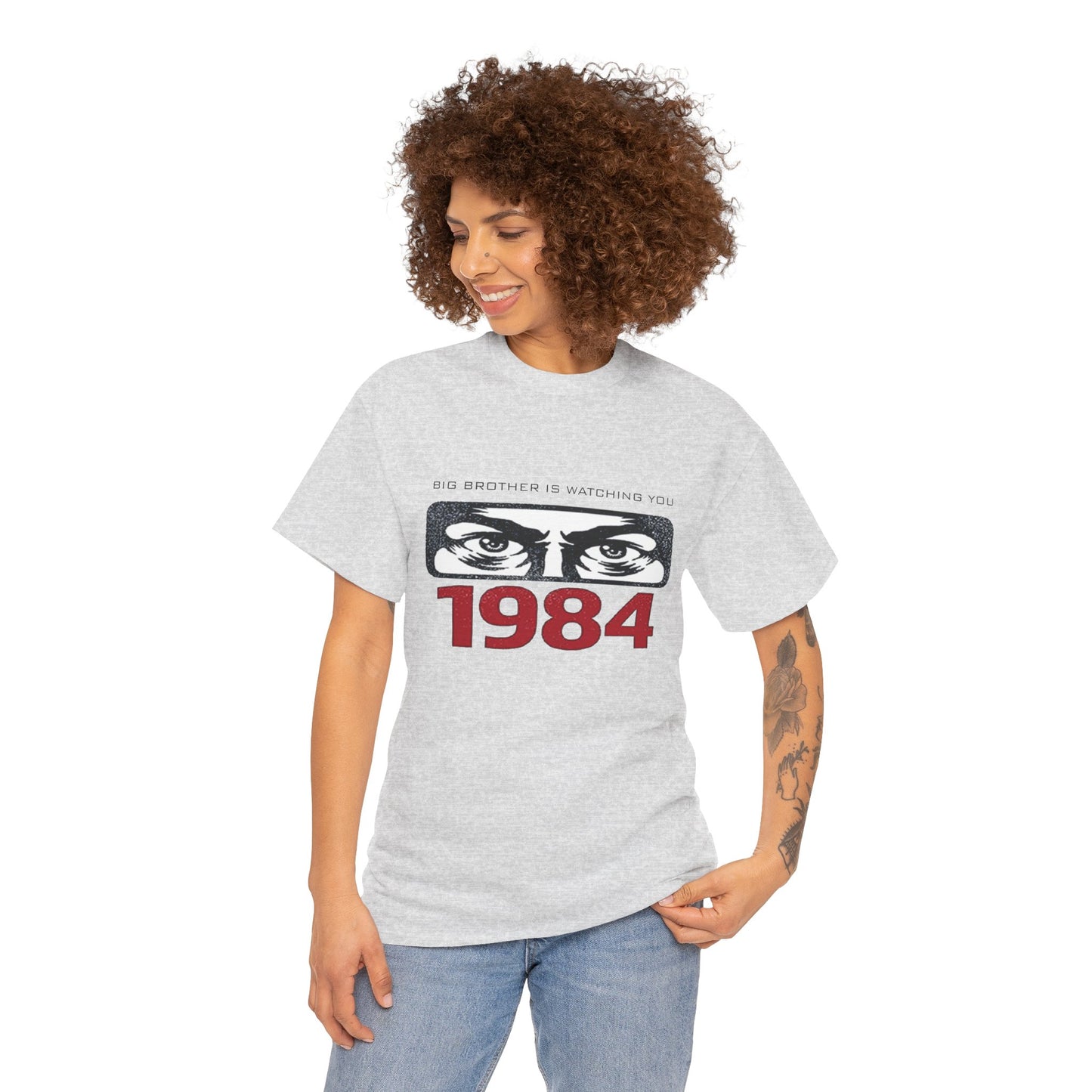 Black Big Brother Is Watching You T-shirt featuring George Orwell's 1984 dystopian design, perfect for political protest.