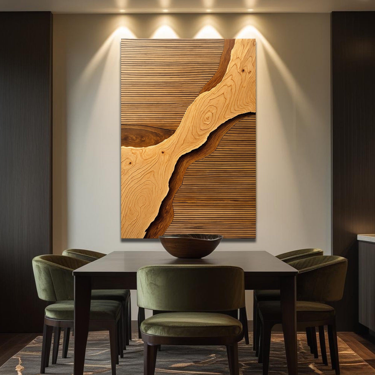 Canvas wall art featuring a wood rift design by Tailored Canvases, showcasing textured natural wood tones and modern abstract style.