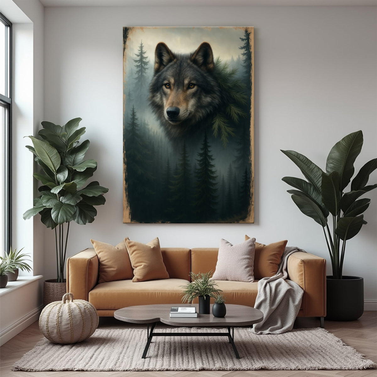 Wolf double exposure wall art on canvas by Tailored Canvases, featuring a striking layered wolf design.