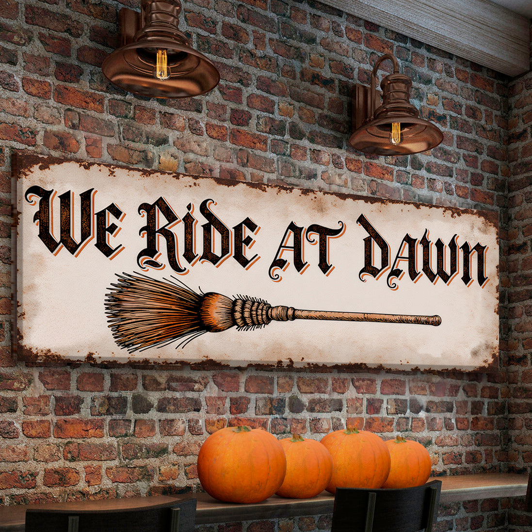 Canvas wall sign featuring "We Ride At Dawn" Halloween design by Tailored Canvases, with spooky ghost and moon imagery.