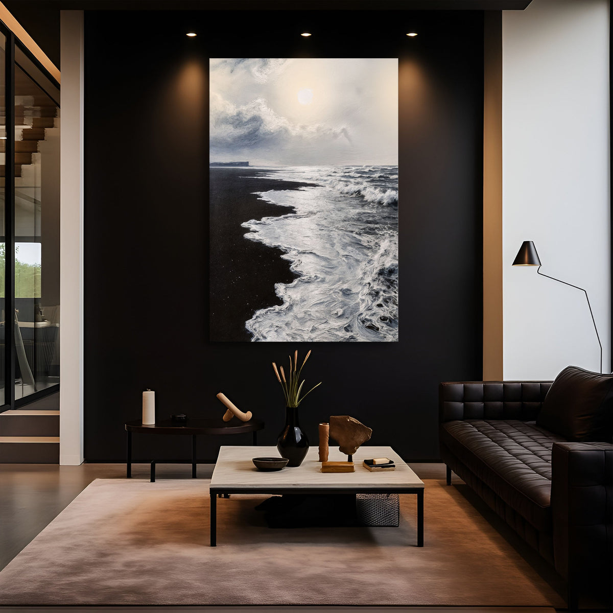 Black and white abstract waves canvas wall art by Tailored Canvases, featuring flowing wave patterns in monochrome tones.