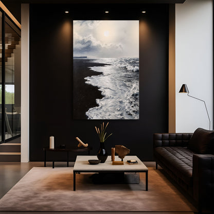 Black and white abstract waves canvas wall art by Tailored Canvases, featuring flowing wave patterns in monochrome tones.