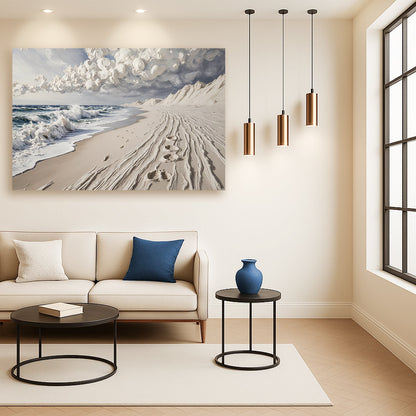 Canvas wall art featuring footprints in the sand, by Tailored Canvases, showcasing a serene beach scene with gentle footprints on the sand.