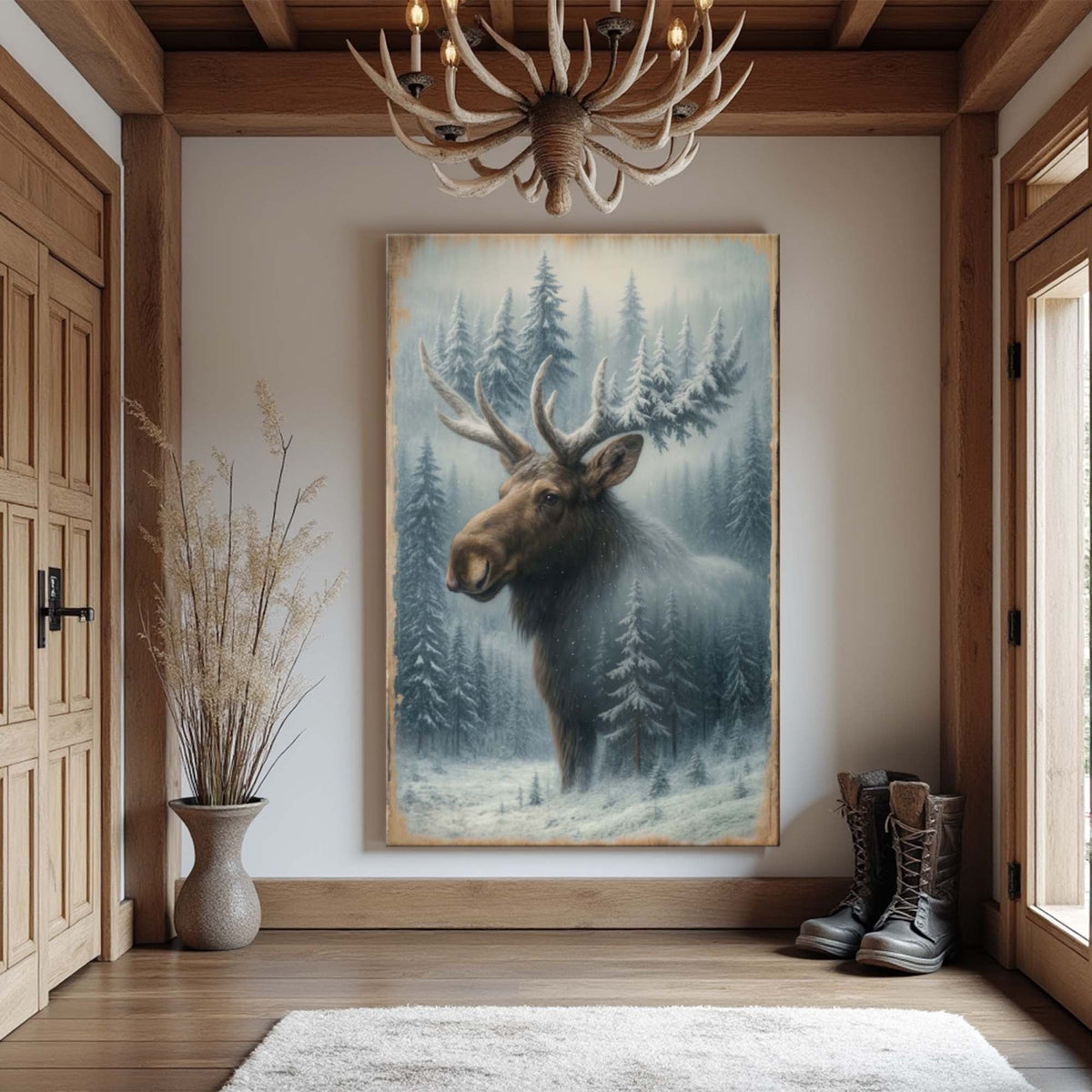 Snowy forest moose double exposure canvas wall art by Tailored Canvases showing a moose silhouette over winter forest scene
