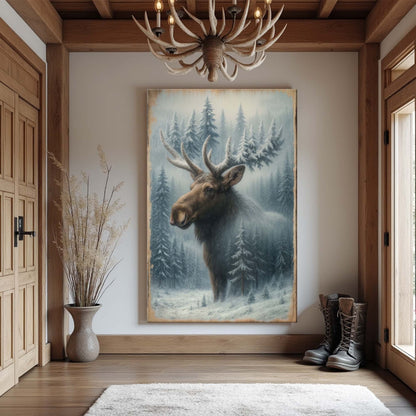 Snowy forest moose double exposure canvas wall art by Tailored Canvases showing a moose silhouette over winter forest scene