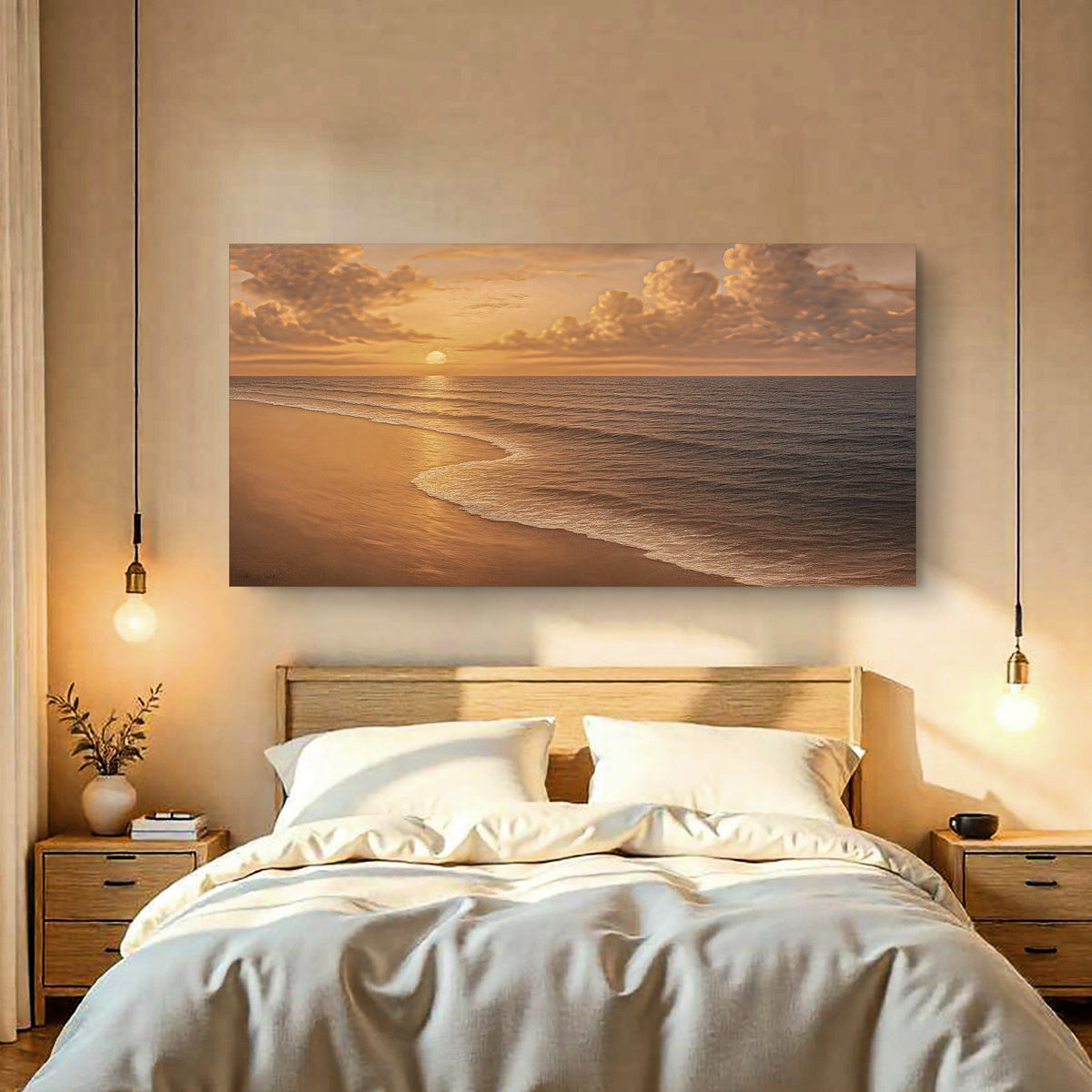 Beach shoreline coastal wall art on canvas by Tailored Canvases, featuring a serene seaside scene with waves and sandy beach.