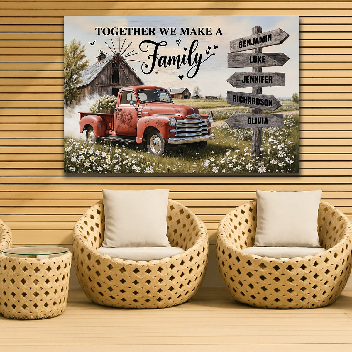 Personalized farmhouse old truck canvas wall art featuring vintage truck and family farm scene, by Tailored Canvases.