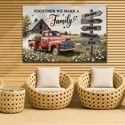 Personalized farmhouse old truck canvas wall art featuring vintage truck and family farm scene, by Tailored Canvases.