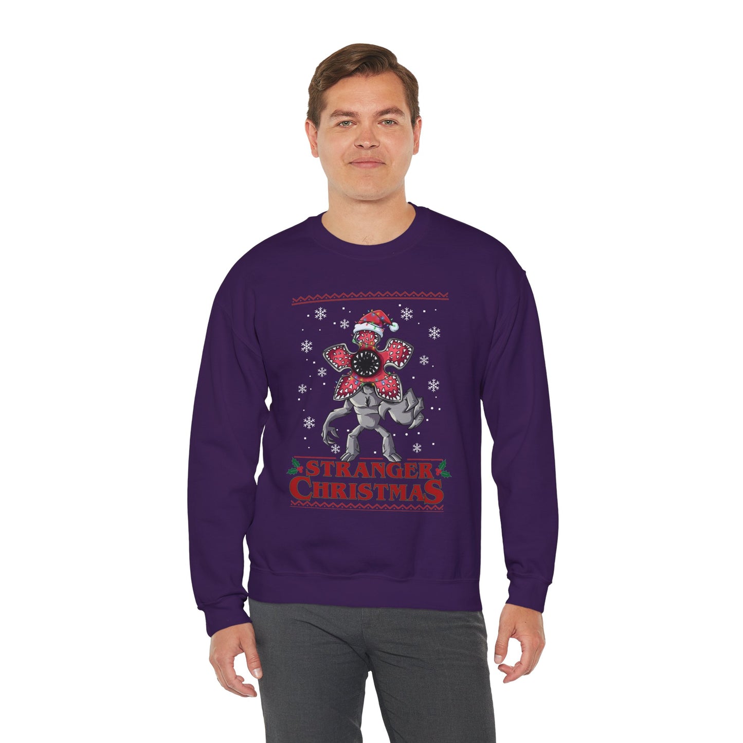 Stranger Christmas Crewneck Sweatshirt — Retro Holiday Stranger Things Demogorgon Design, Ugly Sweater