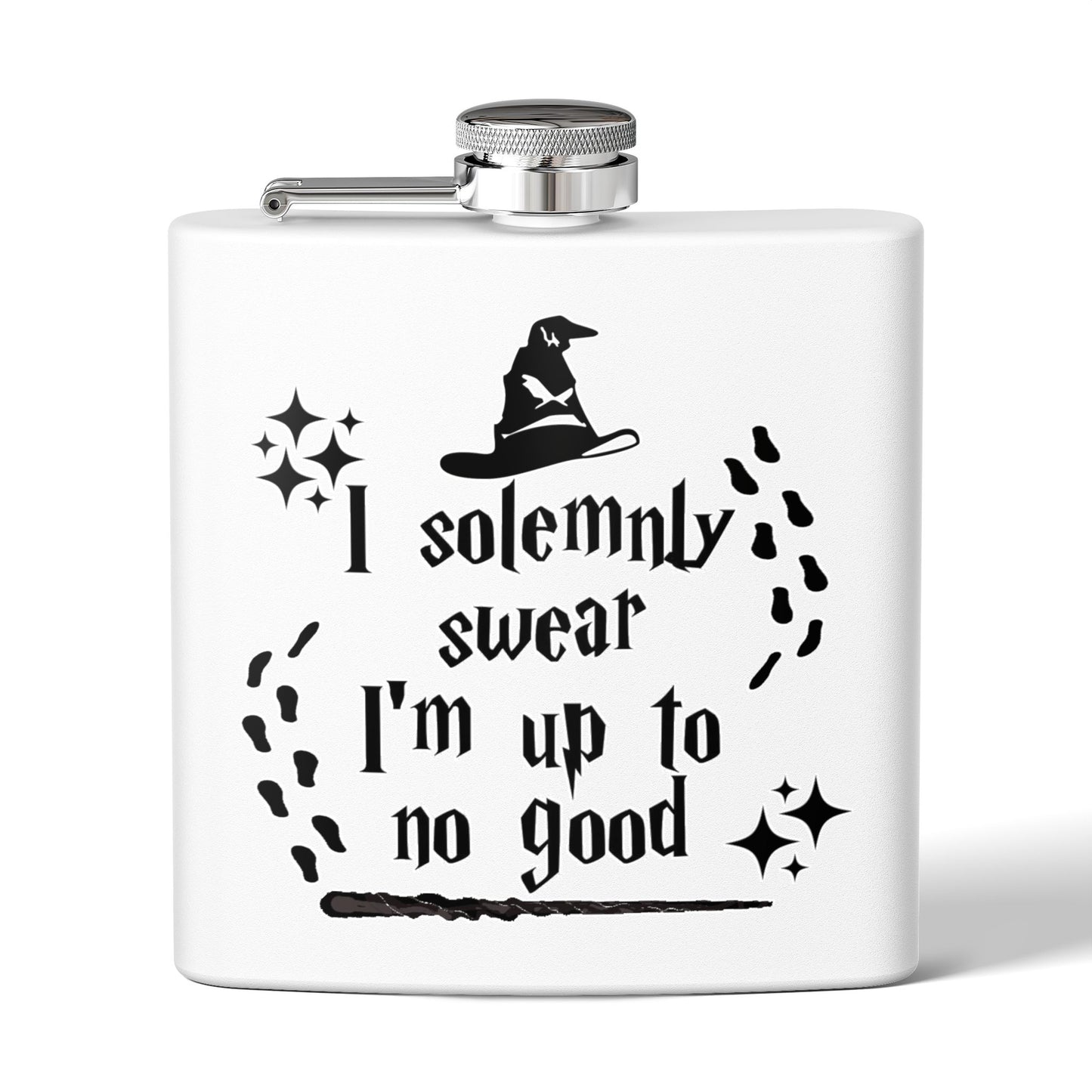 Stainless steel 6oz "I Solemnly Swear I Am Up To No Good" mug by Printify, featuring the humorous text design.