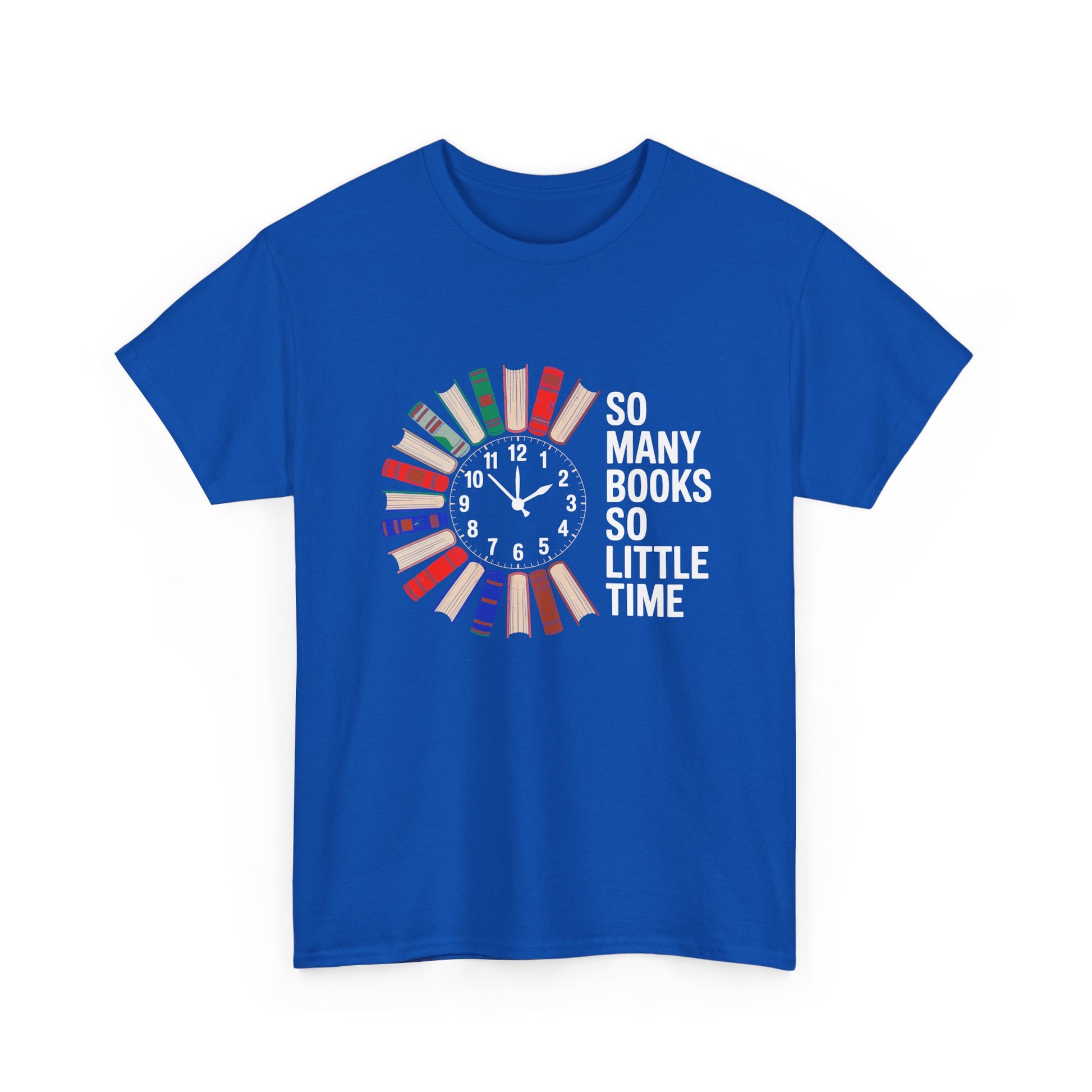 White T-shirt with a clock and book design for book lovers, featuring "So Many Books So Little Time" text, from Printify.