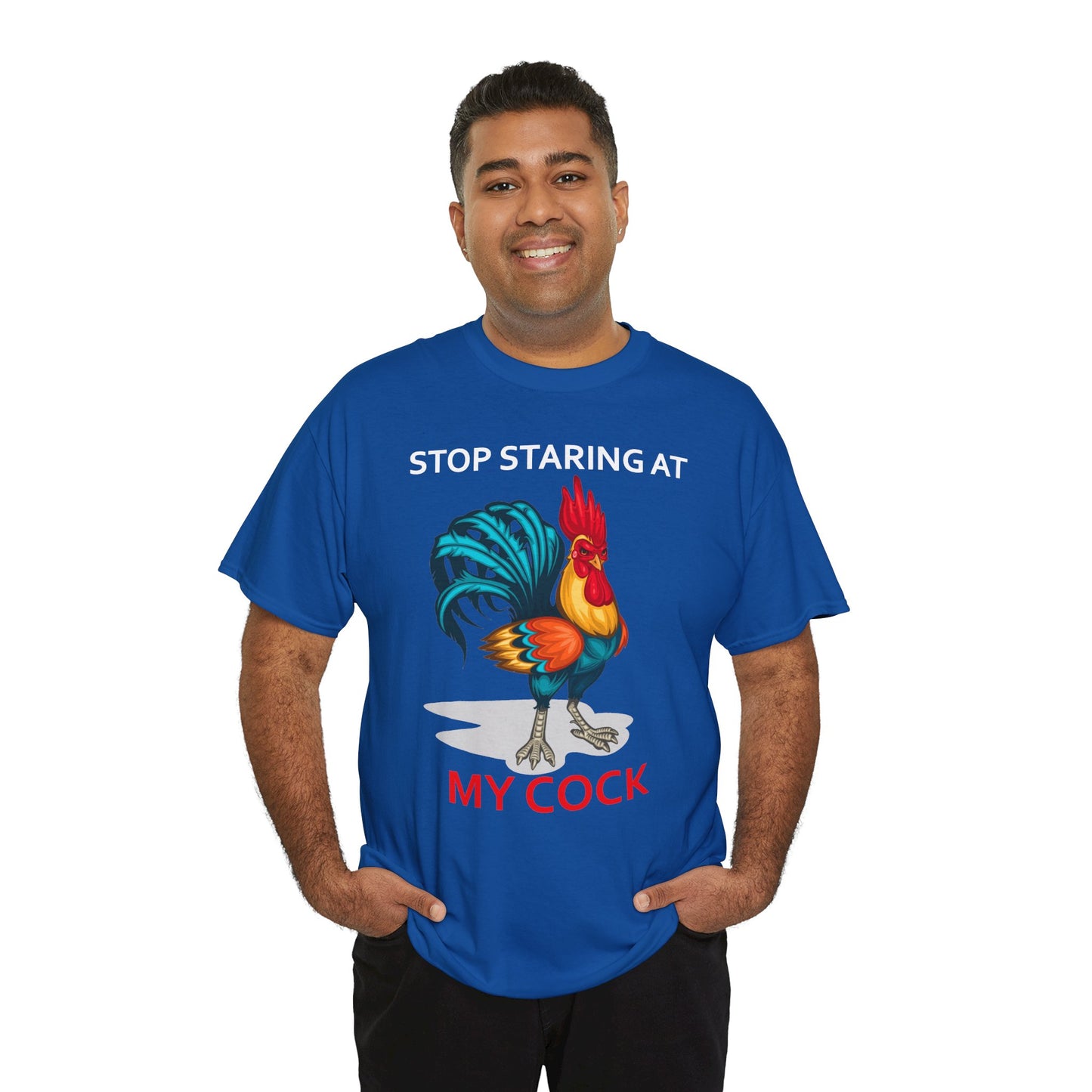 Unisex chicken-themed T-shirt with "Stop Staring at My Cock" humorous print, farm animal design, by Printify.