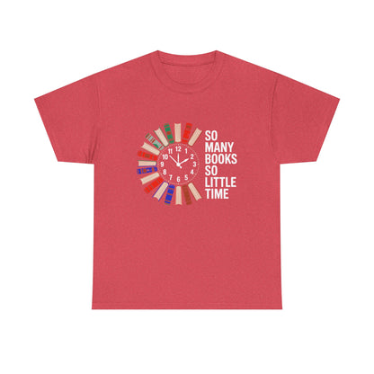 Printify T-shirt featuring a reading clock design for book lovers, with the phrase "So Many Books So Little Time" on a casual tee.