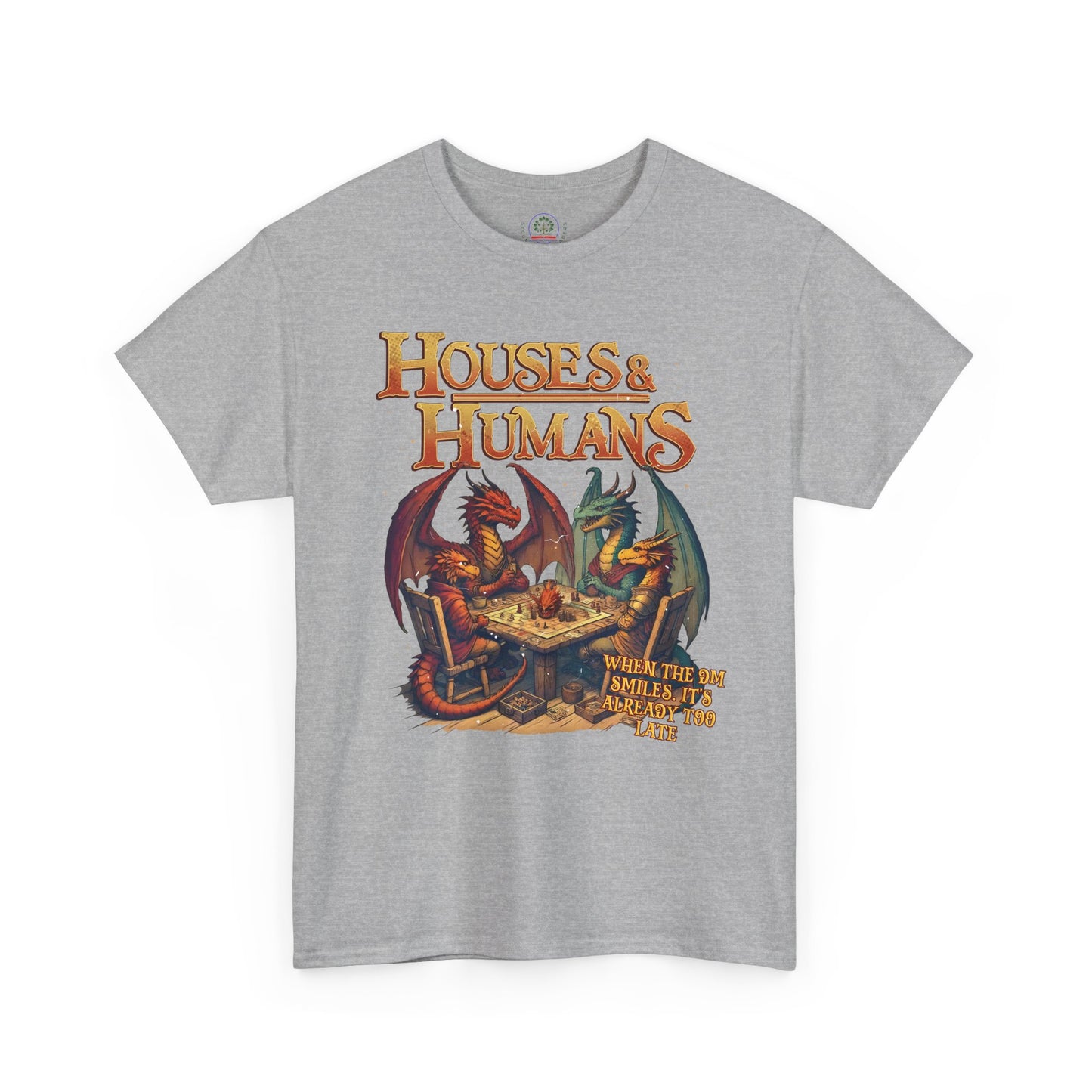 Houses and Humans Role-Playing Tee by Printify, a graphic T-shirt featuring fantasy-themed houses and humans for RPG fans.