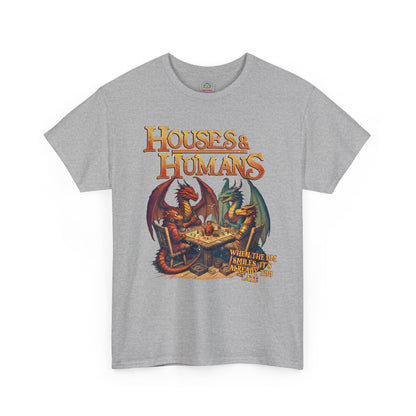 Houses and Humans Role-Playing Tee by Printify, a graphic T-shirt featuring fantasy-themed houses and humans for RPG fans.
