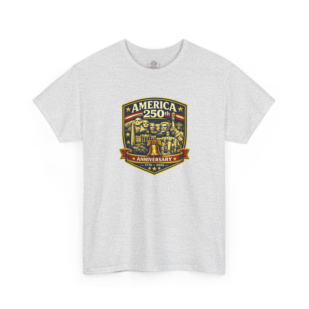 America 250th Anniversary patriotic T-shirt by Printify featuring a badge design, showcasing red, white, and blue colors.
