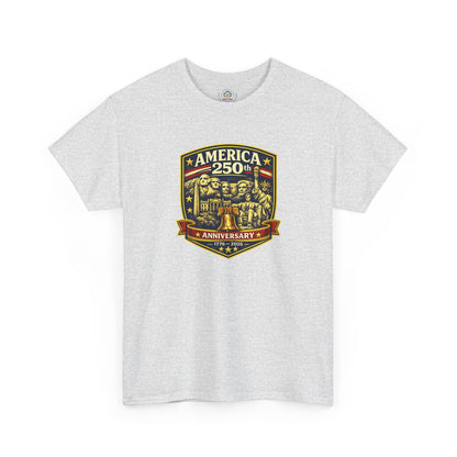 America 250th Anniversary patriotic T-shirt by Printify featuring a badge design, showcasing red, white, and blue colors.