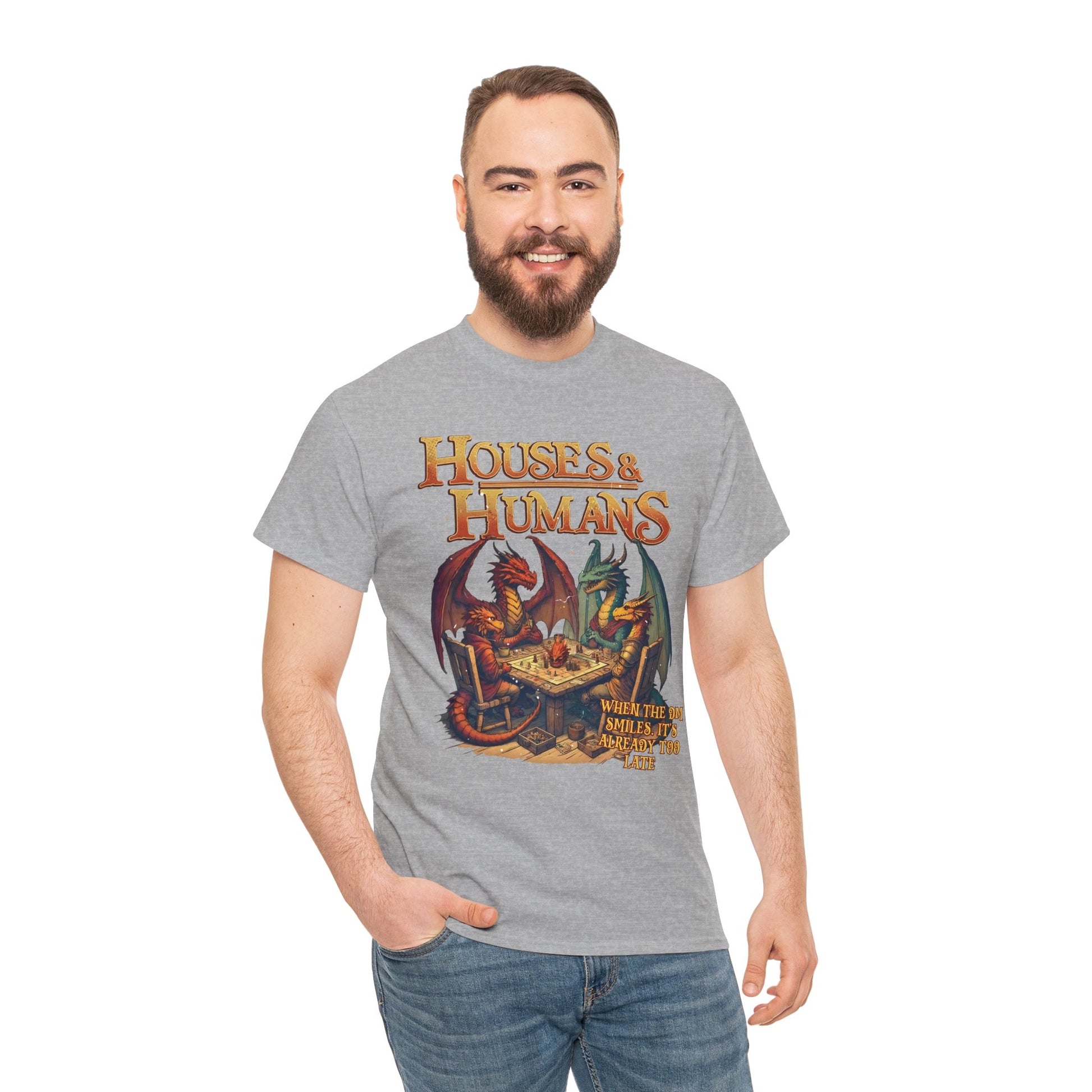 Printed Houses and Humans role-playing T-shirt featuring RPG and MTG themes, casual geek gift tee for gaming enthusiasts.