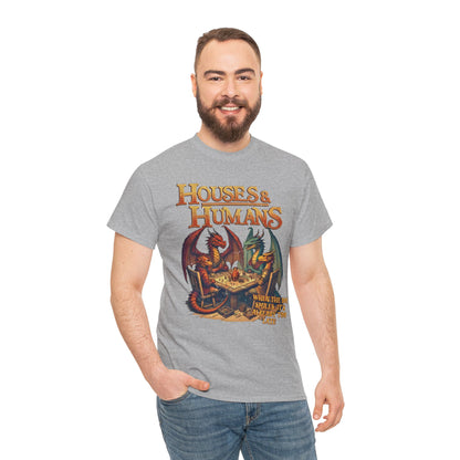 Printed Houses and Humans role-playing T-shirt featuring RPG and MTG themes, casual geek gift tee for gaming enthusiasts.