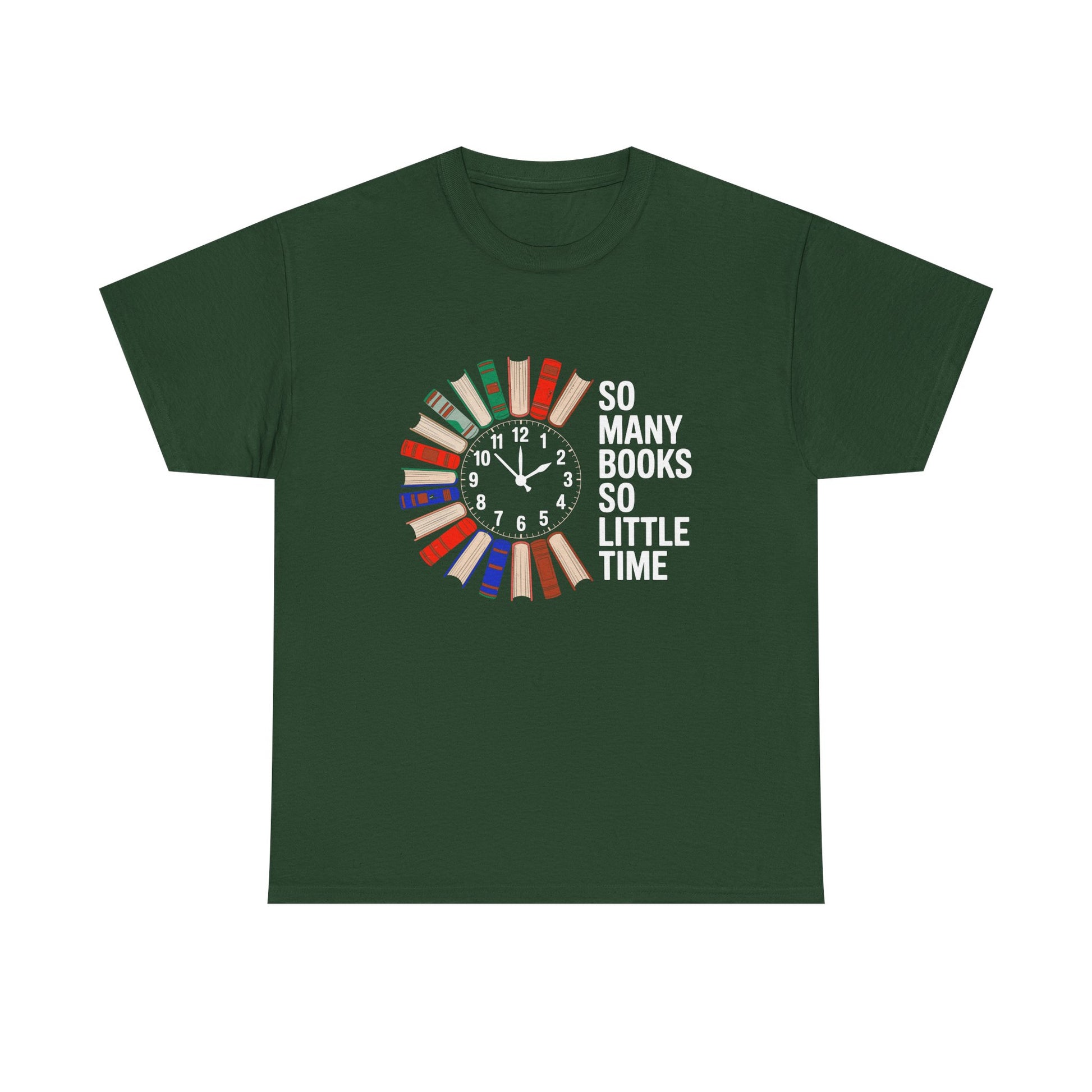 Gray T-shirt with a clock and book illustration for book lovers, featuring the "So Many Books So Little Time" design.