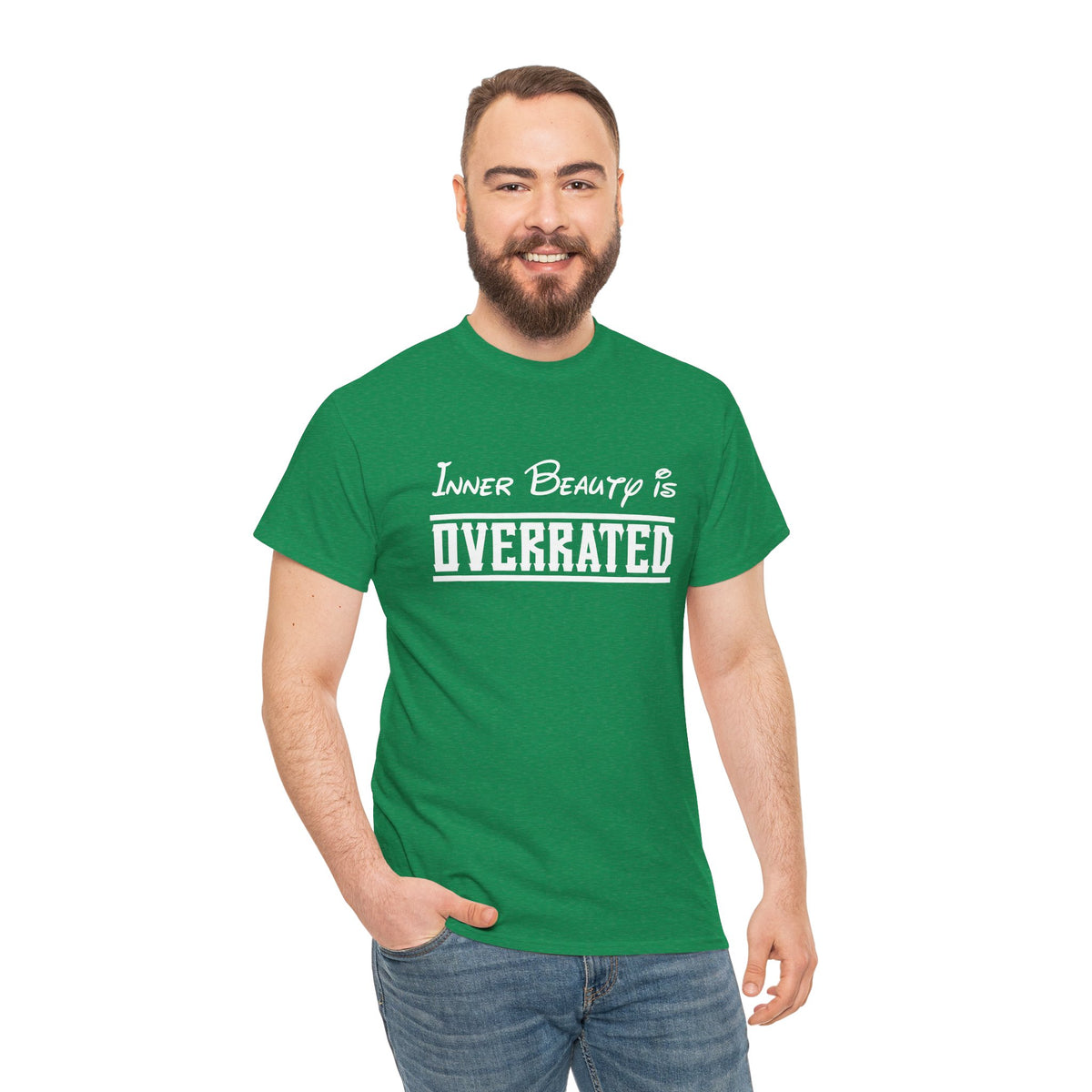 Unisex graphic T-shirt with "Inner Beauty Is Overrated" print, featuring a humorous, sarcastic design by Printify.