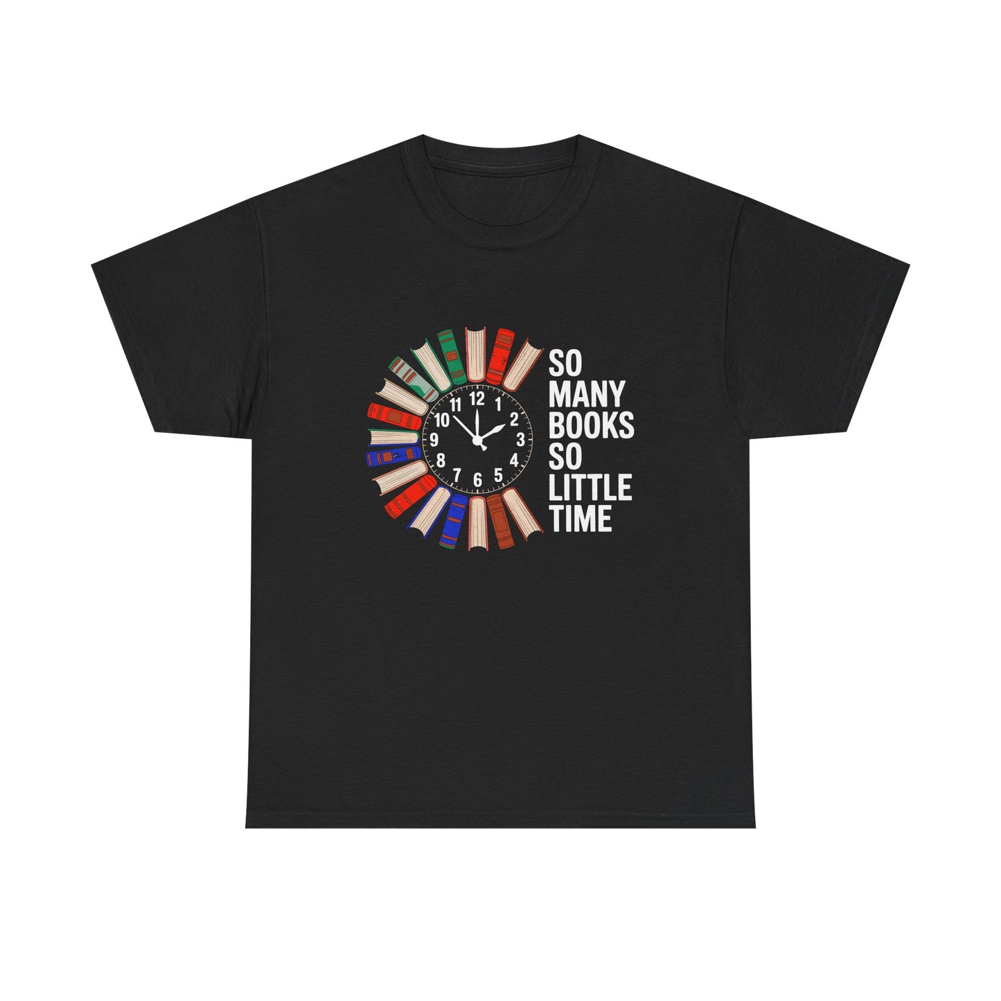 Pink T-shirt with reading clock and "So Many Books So Little Time" slogan, perfect for book lovers.