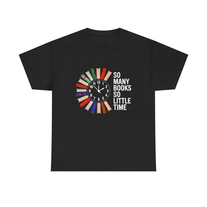 Pink T-shirt with reading clock and "So Many Books So Little Time" slogan, perfect for book lovers.